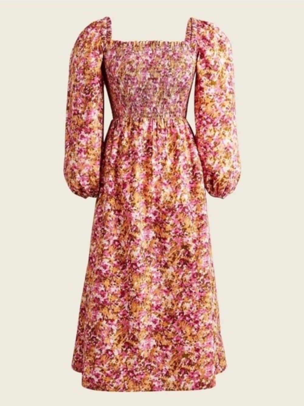 NEW With Tags J. Crew Pink and Gold Floral Puff-Sleeve Cottagecore Midi Dress